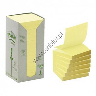 Karteczki samoprzylepne 76x76mm 3M Post-it 654-1T, żółte 16x100 kartek, ekologiczne z surowców wtórnych