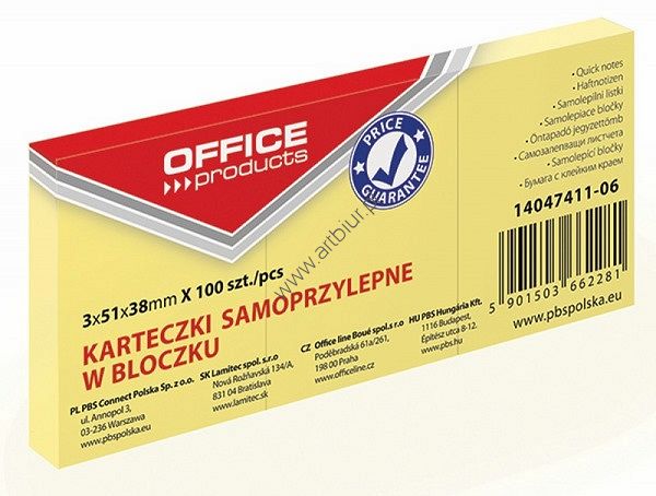 Karteczki samoprzylepne 38x51mm, 3 x 100 karteczek Office Products