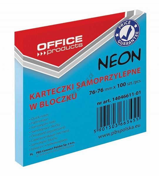 Karteczki samoprzylepne Office Products 76x76mm 1x100 kart neon