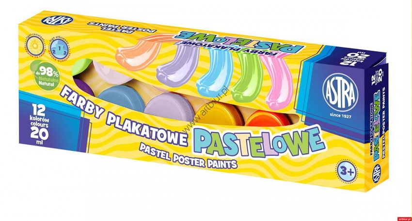 Farby plakatowe pastelowe 12 kolorów Astra 20ml