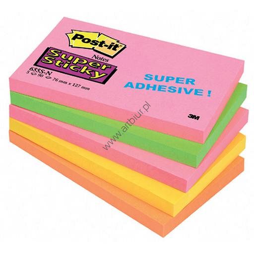 Karteczki samoprzylepne 76x127mm 3M Post-it 655S-N Super Sticky, kolor neon, 5x90 kartek