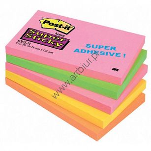 Karteczki samoprzylepne 76x127mm 3M Post-it 655S-N Super Sticky, kolor neon, 5x90 kartek