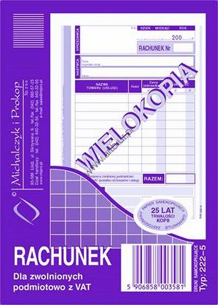 Druk 222-5 Rachunek dla zwolnionych z VAT wielokopia A6, Michalczyk i Prokop