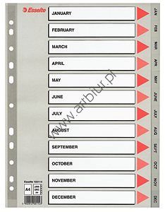 Przekładki do segregatora A4 12 kart PP Esselte plastikowe szare, 12 miesięcy