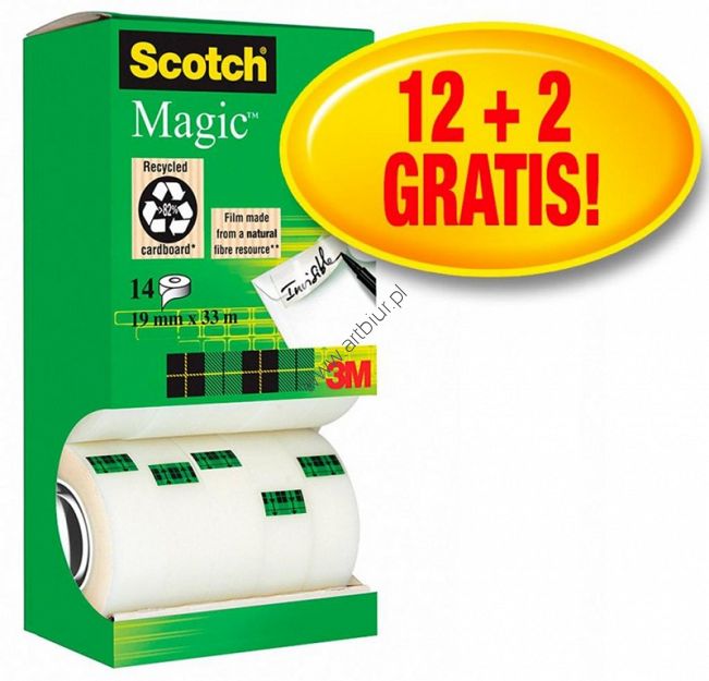 Taśma klejąca 19mm 33m Scotch Magic matowa 12sztuk + 2 rolki GRATIS