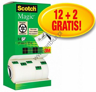 Taśma klejąca 19mm 33m Scotch Magic matowa 12sztuk + 2 rolki GRATIS