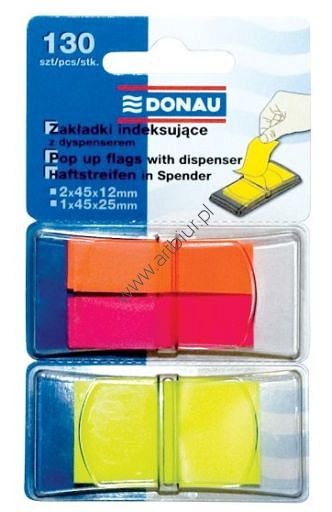 Zakładki indeksujące 25x45mm / 12x45mm Donau, foliowe z dyspenserem, 130 kartek, mix neonowych kolorów 