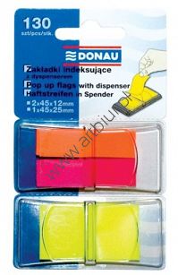 Zakładki indeksujące 25x45mm / 12x45mm Donau, foliowe z dyspenserem, 130 kartek, mix neonowych kolorów 