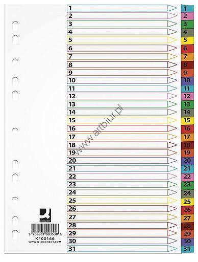 Przekładki do segregatora A4 1-31 kart Q-Connect kartonowe Mylar z kolorowymi laminowanymi indeksami