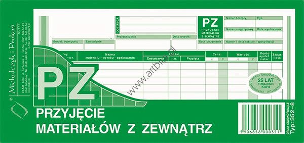 Druk 352-8  Przyjęcie materiałów z zewnątrz 1/3 A4 Michalczyk i Prokop